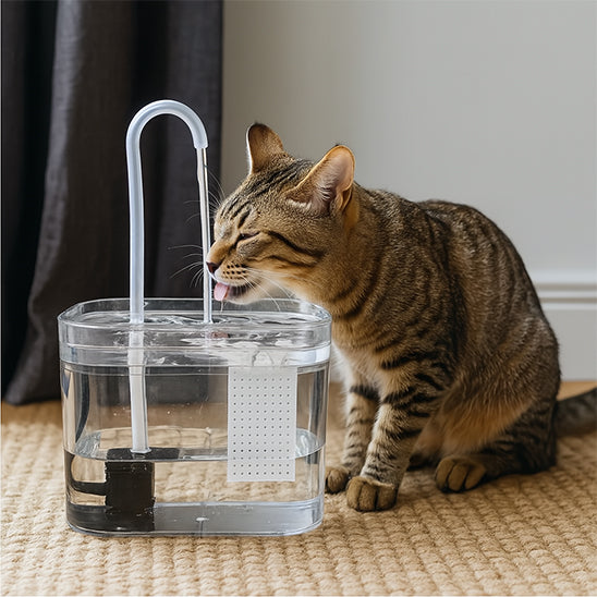 Chat tigré buvant du robinet d'une fontaine à eau