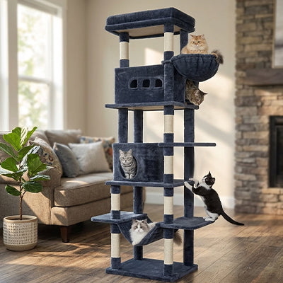 4 chats installé sur un arbre à chat  XXL de couleur grise 