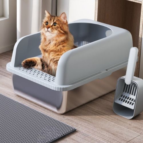 Bac à litière chat XXL - En Acier Inoxydable, avec tapis et pelle