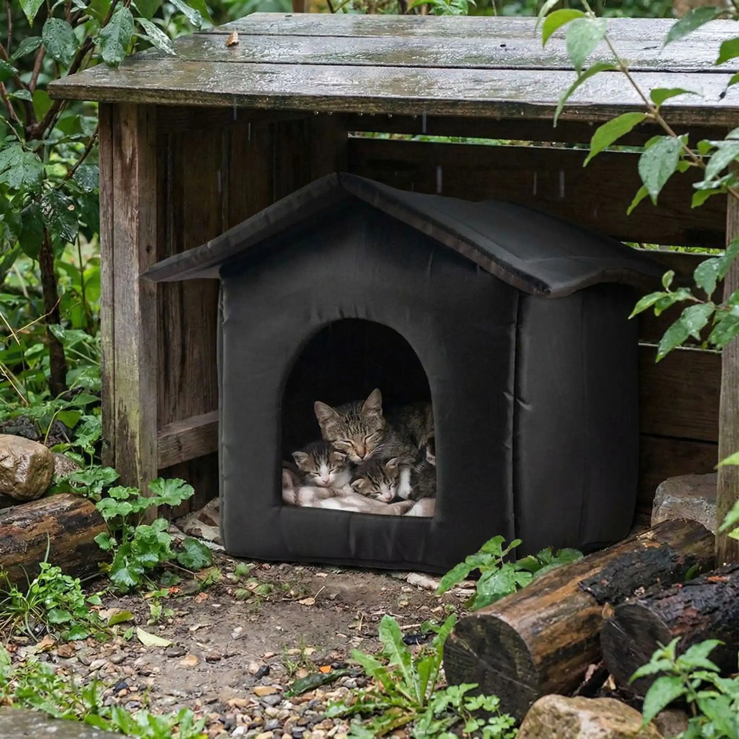 Niche pour chat extérieur qui abrite une chatte avec ses chatons installée confortablement