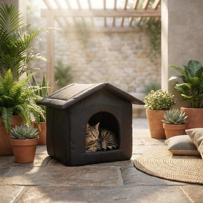Niche pour chat extérieur installée dans le patio et qui abrite un chat 