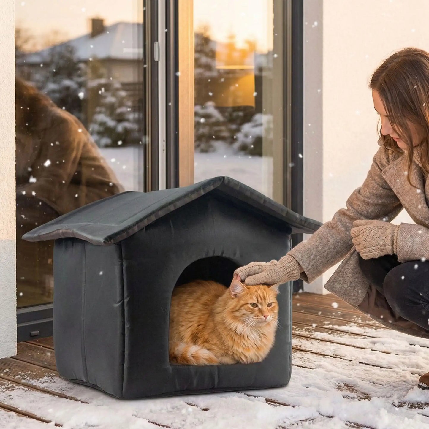 Niche pour chat extérieur isolée installée devant une porte-fenêtre qui abrite un chat de la neige avec une femme qui caresse la tête du chat