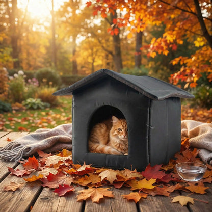 Niche pour chat extérieur isolée style maisonnette grise, abritant un chat placé dans le jardin dans une ambiance automnale.