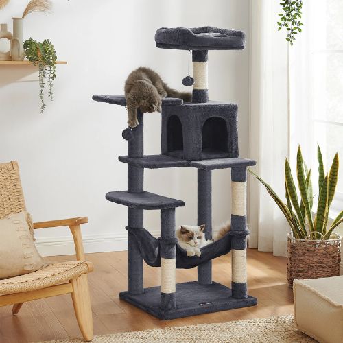 Un arbre à chat gris foncé, à plusieurs niveaux avec niches, hamac et griffoirs en sisal, placé dans un salon lumineux où deux chats jouent et se reposent dessus.