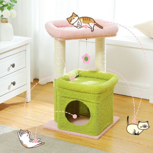 Un arbre à chat deux niveaux couleur rose et vert idéale pour sauter, se cacher, griffer et se reposer