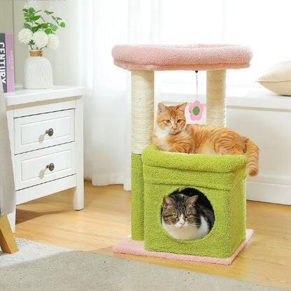 Arbre à chat 60 cm rose et vert avec un chat sur coussin et un chat dans une niche
