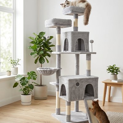 Arbre a Chat avec un chat installé en haut sur la plateforme et un autre qui joue en bas