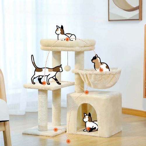 Schéma montrant le parcours de jeu d’un chat sur un arbre a chat beige avec plateau, hamac, niche et jouet pompon, illustrant les différentes zones d’activité.