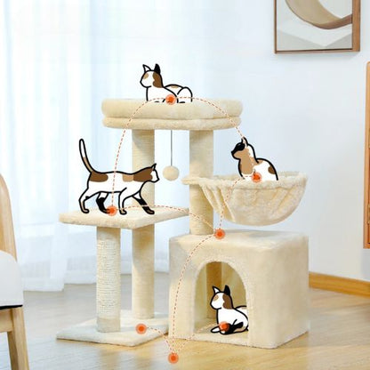 Schéma montrant le parcours de jeu d’un chat sur un arbre a chat beige avec plateau, hamac, niche et jouet pompon, illustrant les différentes zones d’activité.