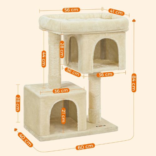 Schéma complet des dimensions d’un arbre à chat beige à deux niches et couchage supérieur, hauteur 84 cm et base large pour la stabilité.