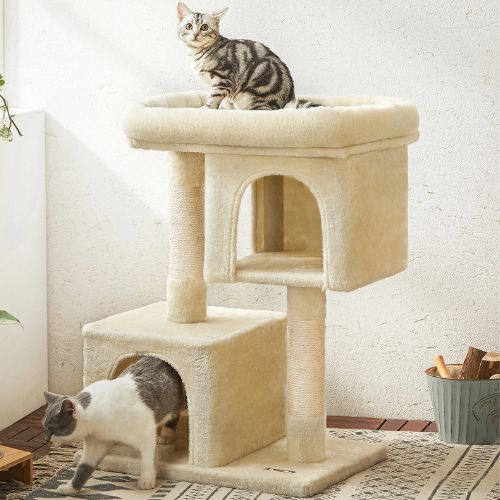 Arbre a chat beige avec grande niche et couchage haut, deux chats installés pour se reposer, jouet au sol dans un salon chaleureux.