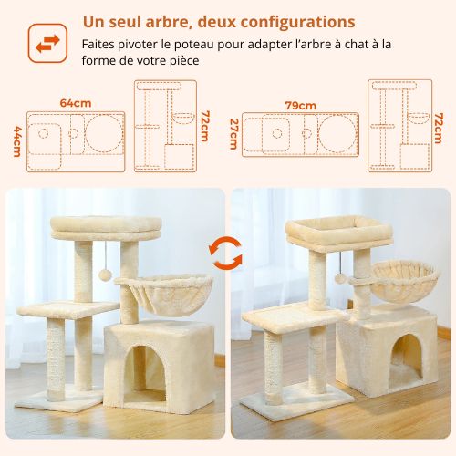 Arbre a chat beige modulable présenté dans deux configurations différentes, en angle ou en ligne, pour s’adapter facilement à la forme de votre pièce.