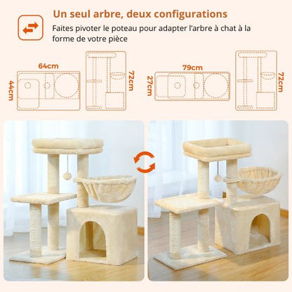 Arbre a chat beige modulable présenté dans deux configurations différentes, en angle ou en ligne, pour s’adapter facilement à la forme de votre pièce.