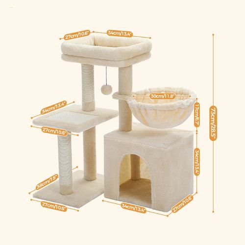 Arbre a chat beige avec niche, hamac et plateau supérieur, schéma des dimensions en centimètres montrant la hauteur et la taille de chaque plateforme pour guider l’achat.