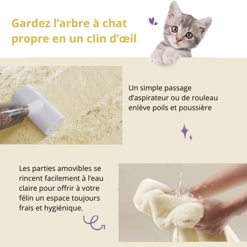 Gros plan sur tissu beige d’un arbre à chat nettoyé à l’aspirateur, texte expliquant que poils et poussière s’enlèvent en un clin d’œil.