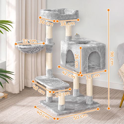 Arbre a chat gris multi-niveaux avec hamac, niche et plateau, schéma des dimensions détaillant hauteur 98 cm et largeur des différentes plateformes.