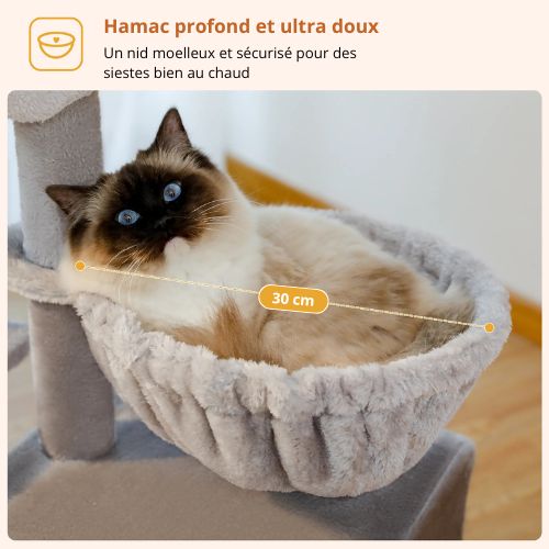 Chat aux yeux bleus installé dans le hamac d’un arbre à chat gris, cocon douillet offrant un coin de repos calme et sécurisant
