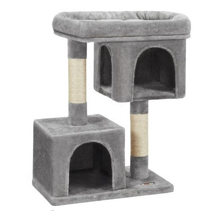 Arbre a chat gris deux niveaux avec deux niches voûtées et poteaux à griffer en sisal, structure compacte idéale pour petits espaces.