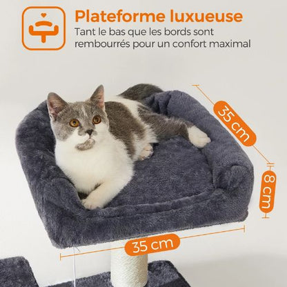 Un chat gris et blanc est allongé sur une plateforme rembourrée gris foncé de 35 × 35 cm, aux bords surélevés de 8 cm, décrite comme une « plateforme luxueuse » offrant un confort maximal.