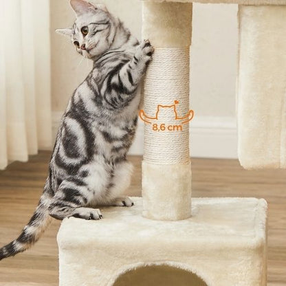 Chat tigré faisant ses griffes sur le poteau en sisal d’un arbre a chat beige, montrant une zone de grattage solide pour protéger les meubles.