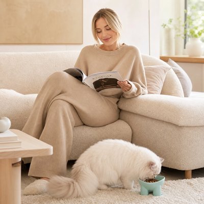 chnat mange dans une gamelle Chat surélevée en céramique
