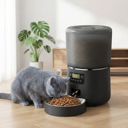 un chat qui mange des croquettes dans un  distributeur automatique de croquettes pour chat