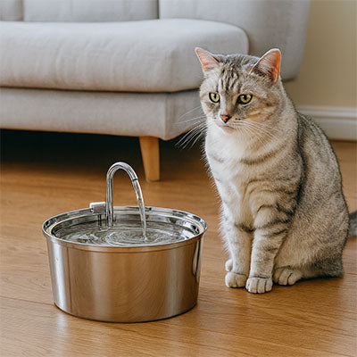 Fontaine à eau pour chat en acier avec chat à côté