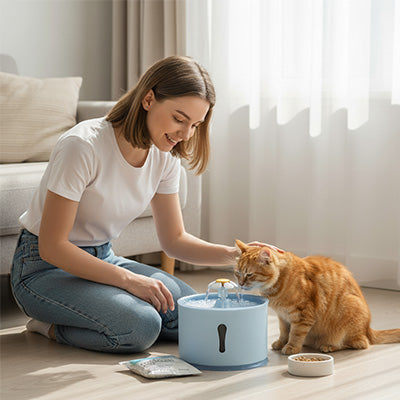 Chat buvant d'une fontaine à eau chat bleu clair avec sa propriétaire le caressant à côté de lui