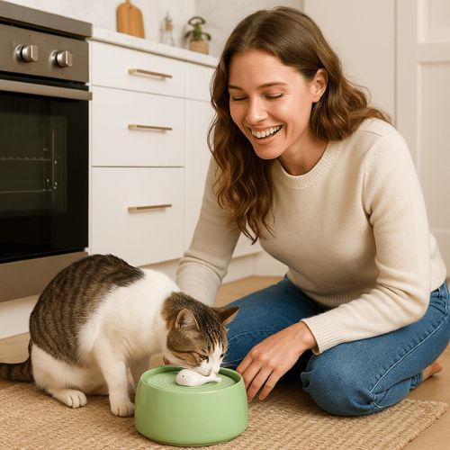 Femme souriante avec son chat utilisant une fontaine à eau chat céramique verte dans la cuisine