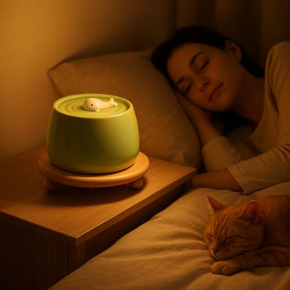Fontaine à eau chat céramique utilisée la nuit, ambiance zen avec chat dormant