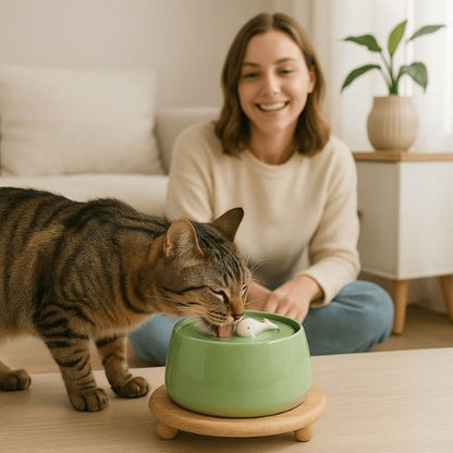 Chat buvant dans une fontaine à eau chat céramique verte, accompagnés de sa maîtresse