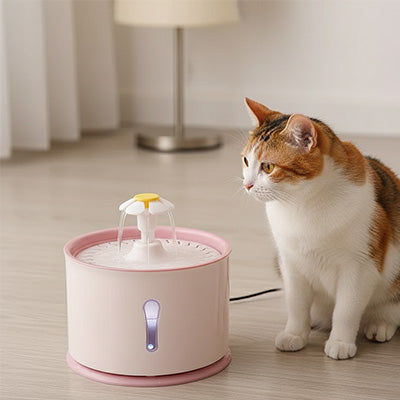 Chat regardant l'eau qui coule d'une  fontaine à eau chat rose