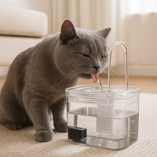 Chat gris utilise fontaine à eau robinet transparente