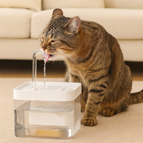 Chat tigré buvant d'une fontaine à eau transparente avec robinet transparent