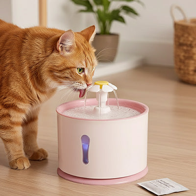 Chat buvant d'une fontaine à eau chat rose clair avec Design à fleur.