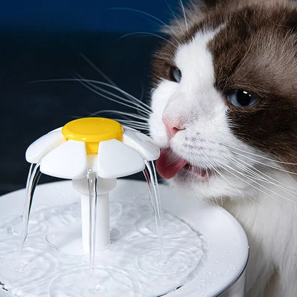Gros plan d'un chat hydraté grâce à une fontaine à eau automatique au design floral.