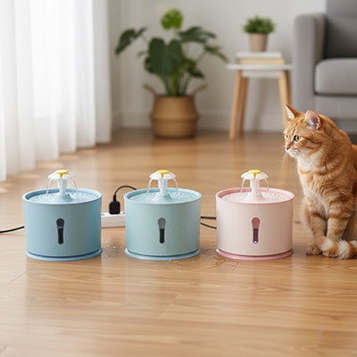 Trois fontaines à eau chat avec un chat à coté d'eux