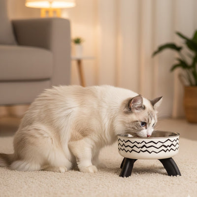 Chat blanc en intérieur utilisant une gamelle chat surélevée, idéale pour manger sans se pencher et réduire les tensions du cou.