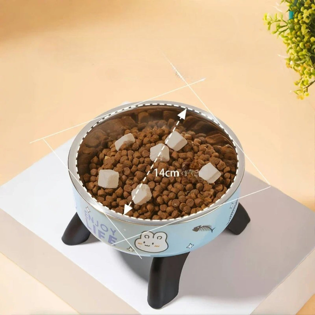 Vue du dessus d’une gamelle chat surélevée remplie de croquettes, montrant l’inclinaison idéale pour faciliter la digestion.