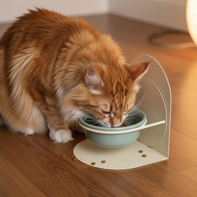 Chat roux mangeant dans une gamelle chat surélevée idéale pour une bonne posture de repas