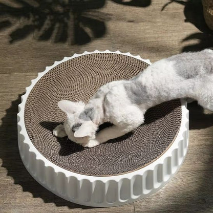 Un chat blanc qui fait ses griffes sur un griffoir rond en carton