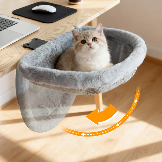 Hamac chat bureau pliable avec chaton installé conforablement
