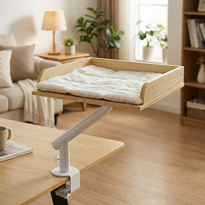 Hamac chat bureau en bois rotatif coussin blanc peluche vue produit salon moderne