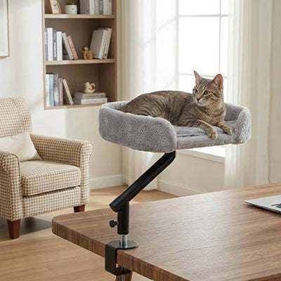 Hamac chat bureau rotatif 360° en métal noir avec chat tigré installé