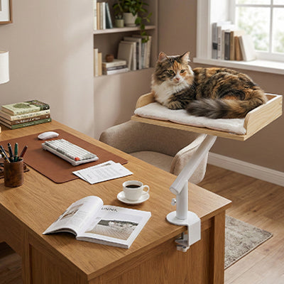 Hamac chat bureau rotatif 360° en bois et métal blan avec chat tigré installé
