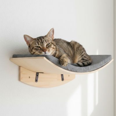 Hamac mural pour chat en bois avec coussin gris avec chat tigré endormi