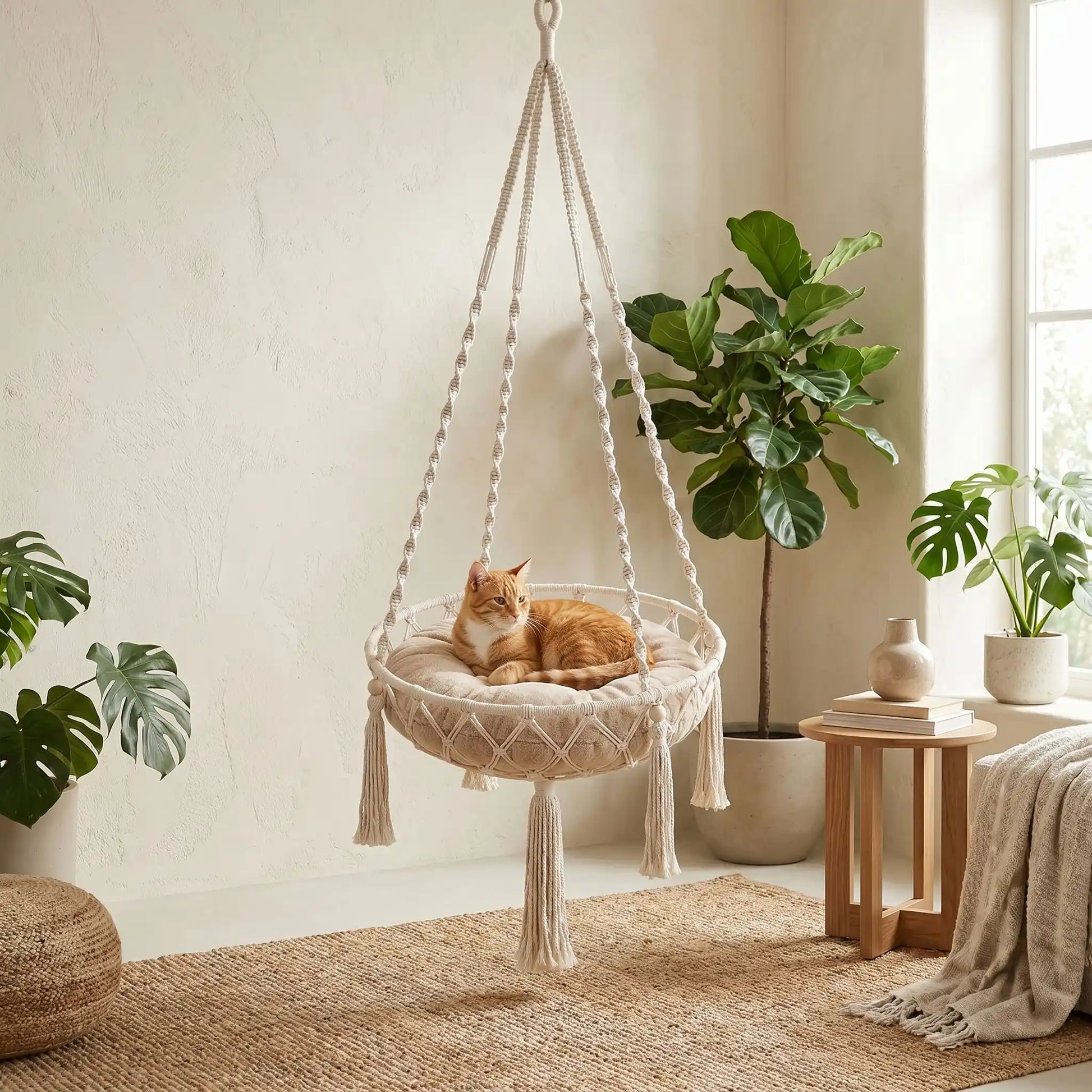 Hamac pour chat suspendu en macramé, design bohème