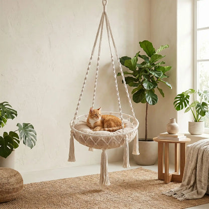Hamac pour chat suspendu en macramé, design bohème