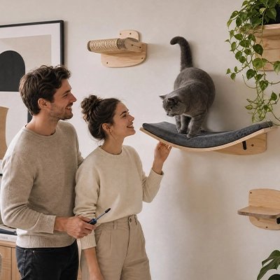 hamac mural pour chat structure en bois et matelas gris avec chat debout dessus et ses deux propriétaire le regarde à côté de lui