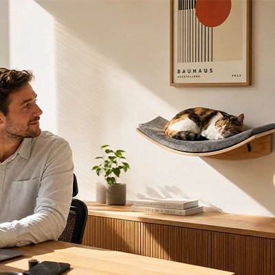 hamac mural pour chat structure en bois et matelas gris avec chat qui dort dessus à côté du bureau de son propriétaire 